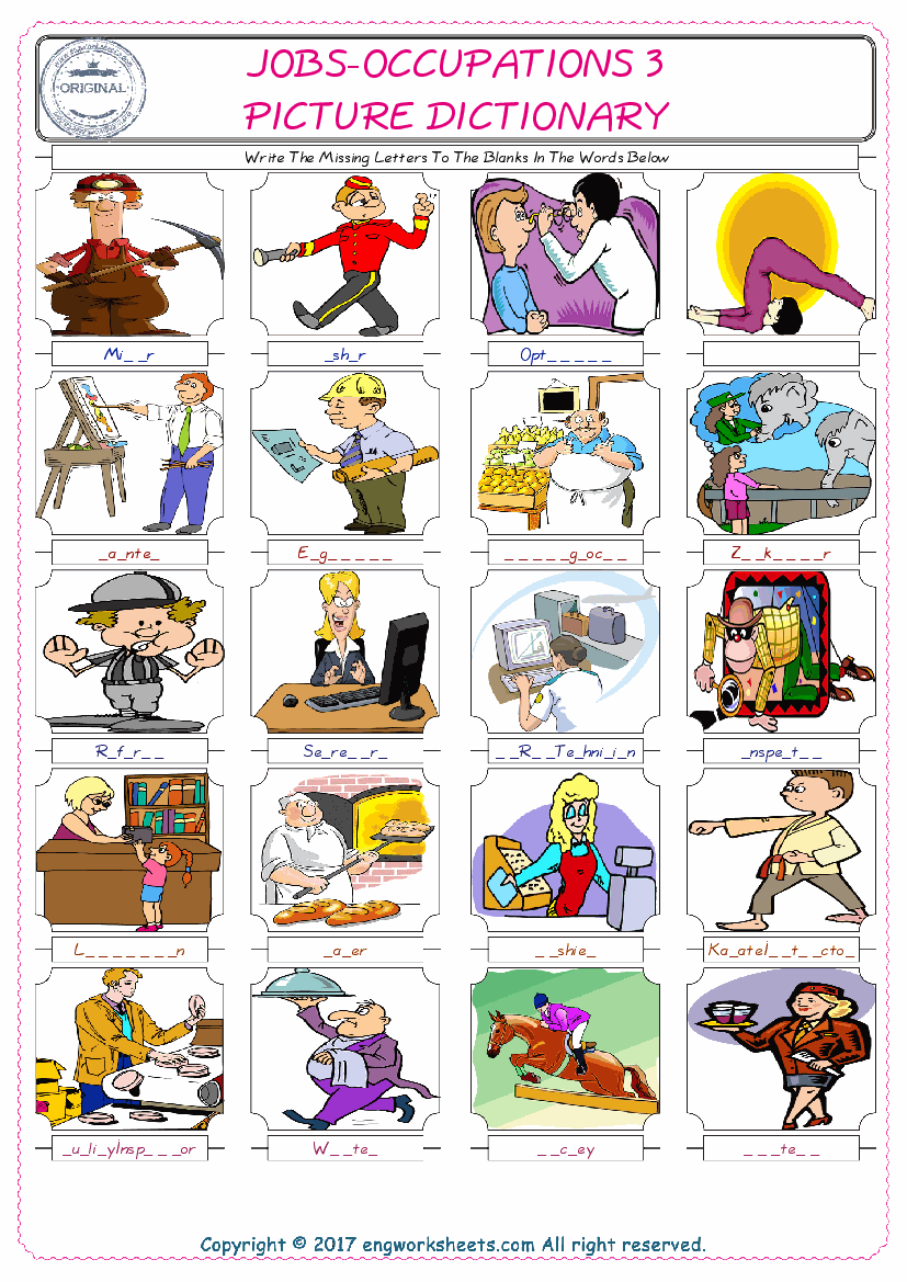  Jobs-Occupations Words English worksheets For kids, the ESL Worksheet for finding and typing the missing letters of Jobs-Occupations Words 